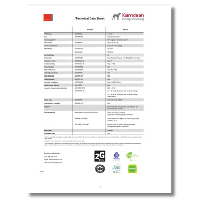 Knight Tile rigid core collection technical data sheet