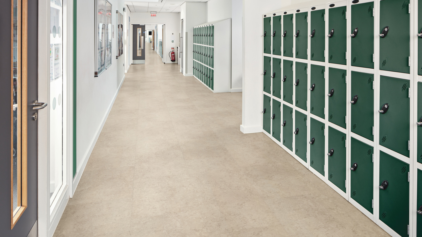 School hallway lined with lockers and Capri LLT209 floors