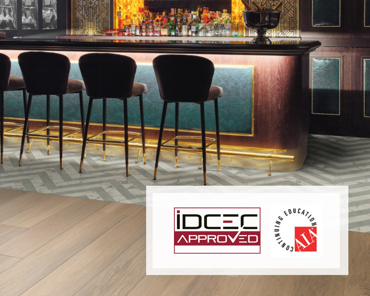 ADCEC Approved and AIA logos with Dune Oak RL24, Calacatta d'Oro LM33 and Pavimento Bianco LM42 floors at a bar